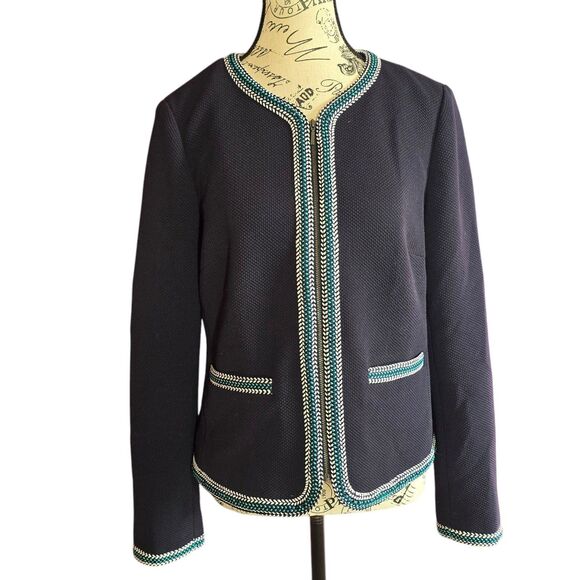 Talbots zipper front navy blazer jacket with pockets embroidered Sz 6 - Picture 1 of 12